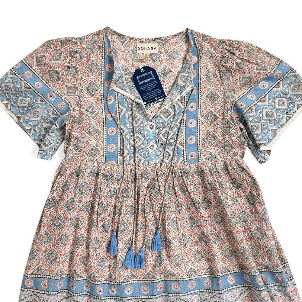 Sohana Block Print Cotton Boho Tassel Dress M NWT India Boho - Picture 7 of 15